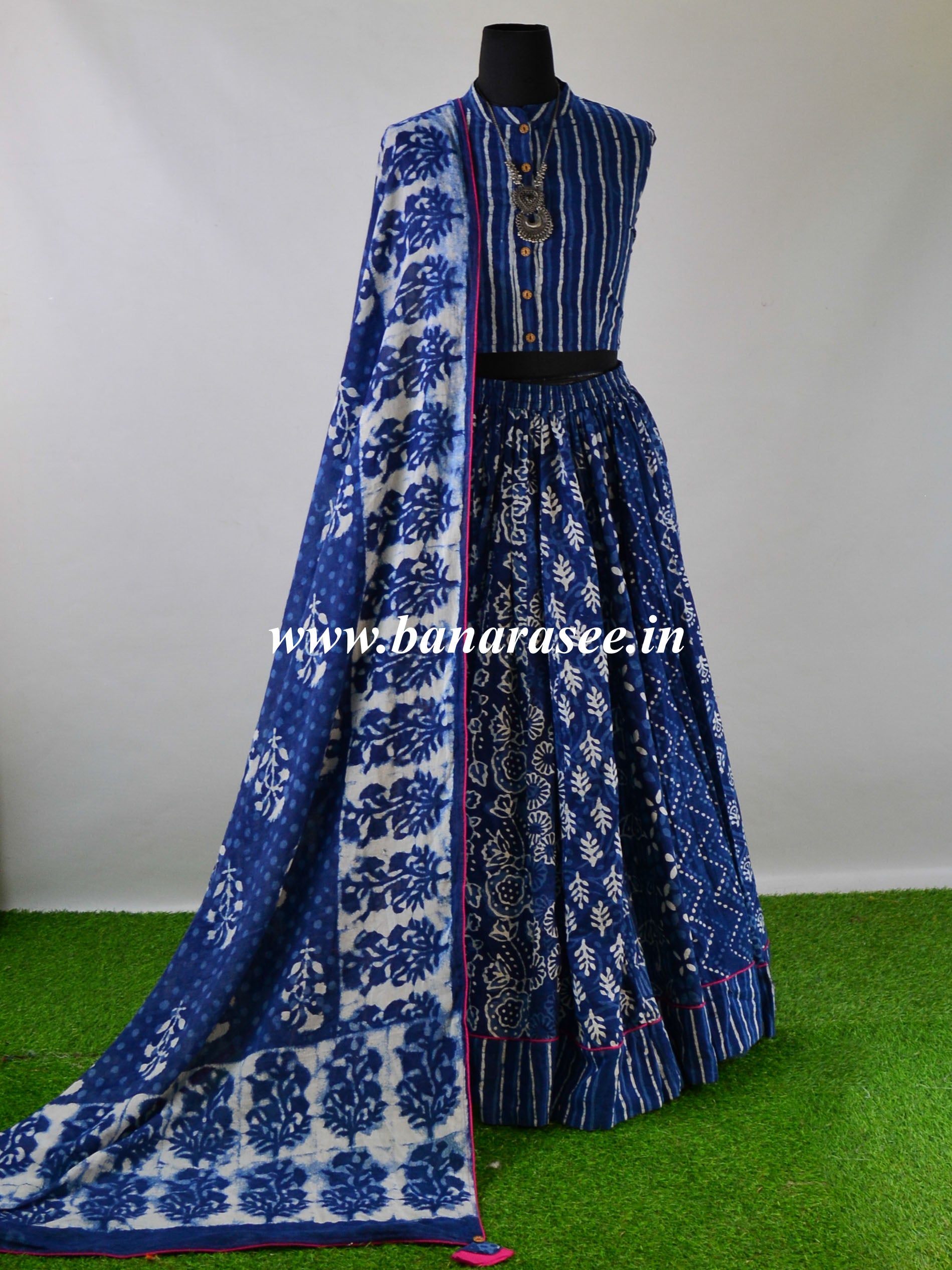 Pure Mul Cotton Lehenga Blouse & Dupatta Set-Indigo