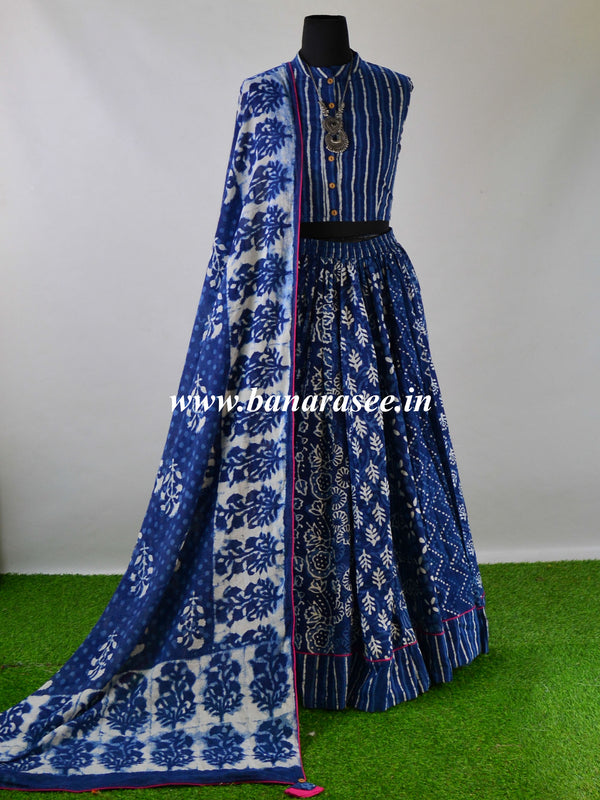 Pure Mul Cotton Lehenga Blouse & Dupatta Set-Indigo