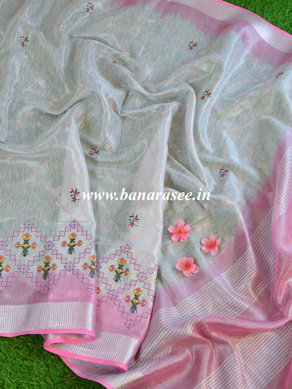 Banarasee Handloom Pure Linen By Tissue Embroidered Saree-Silver & Pink