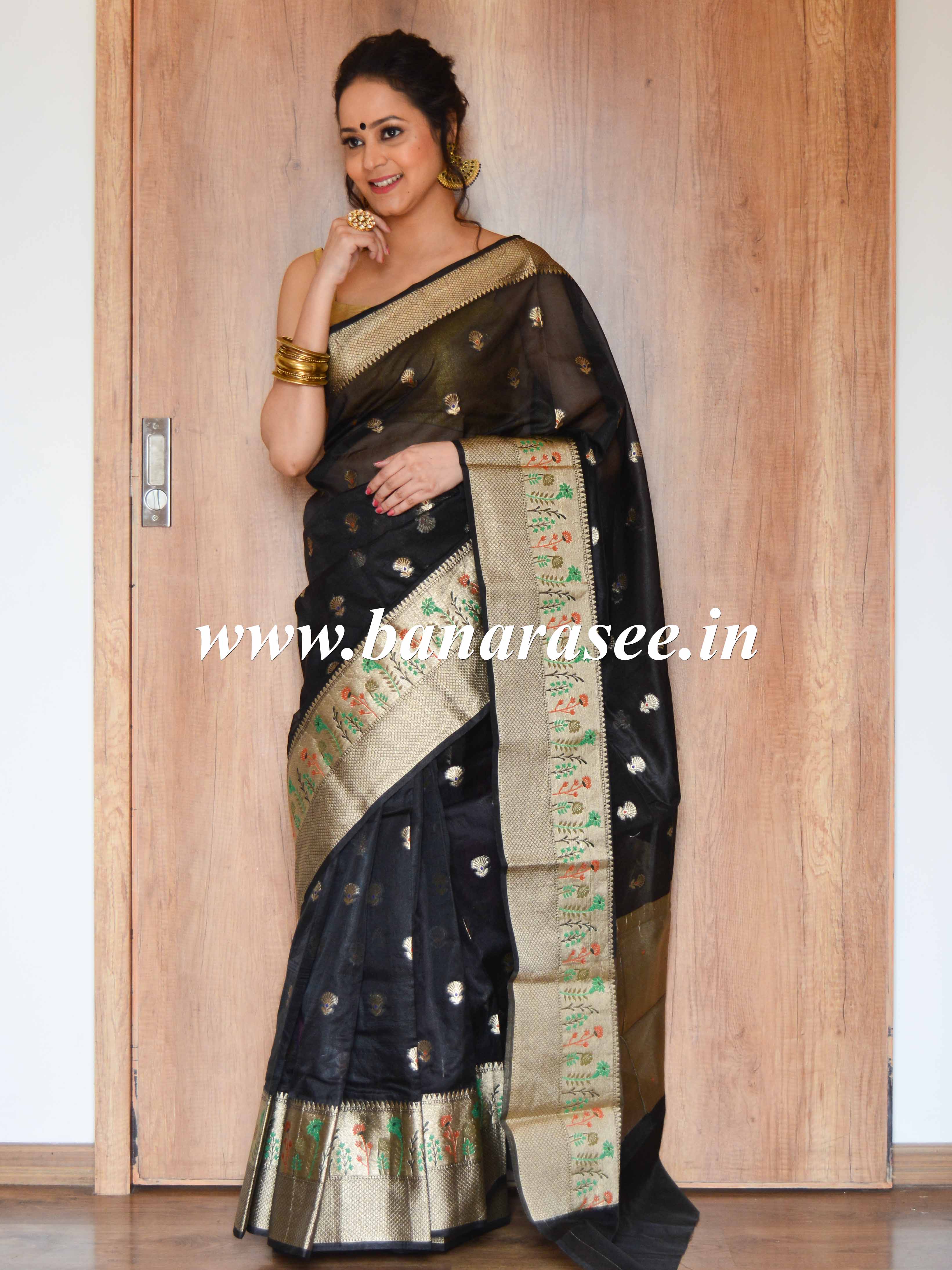 Banarasee Organza Mix Saree With Zari Buti Design & Border-Black