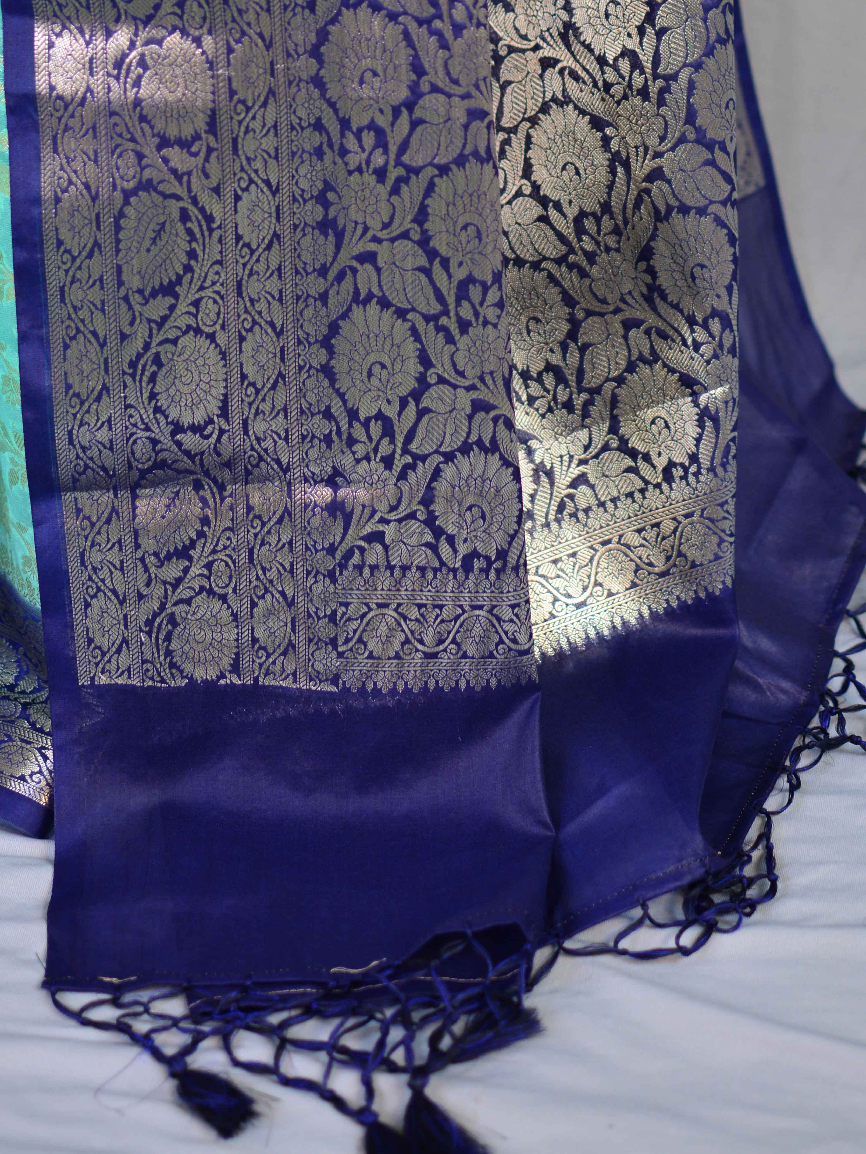 Banarasee Handwoven Semi-Chiffon Saree With Silver Zari & Contrast Border-Sea Green