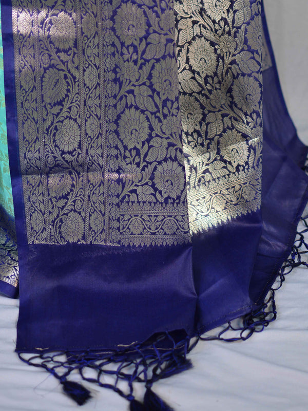 Banarasee Handwoven Semi-Chiffon Saree With Silver Zari & Contrast Border-Sea Green