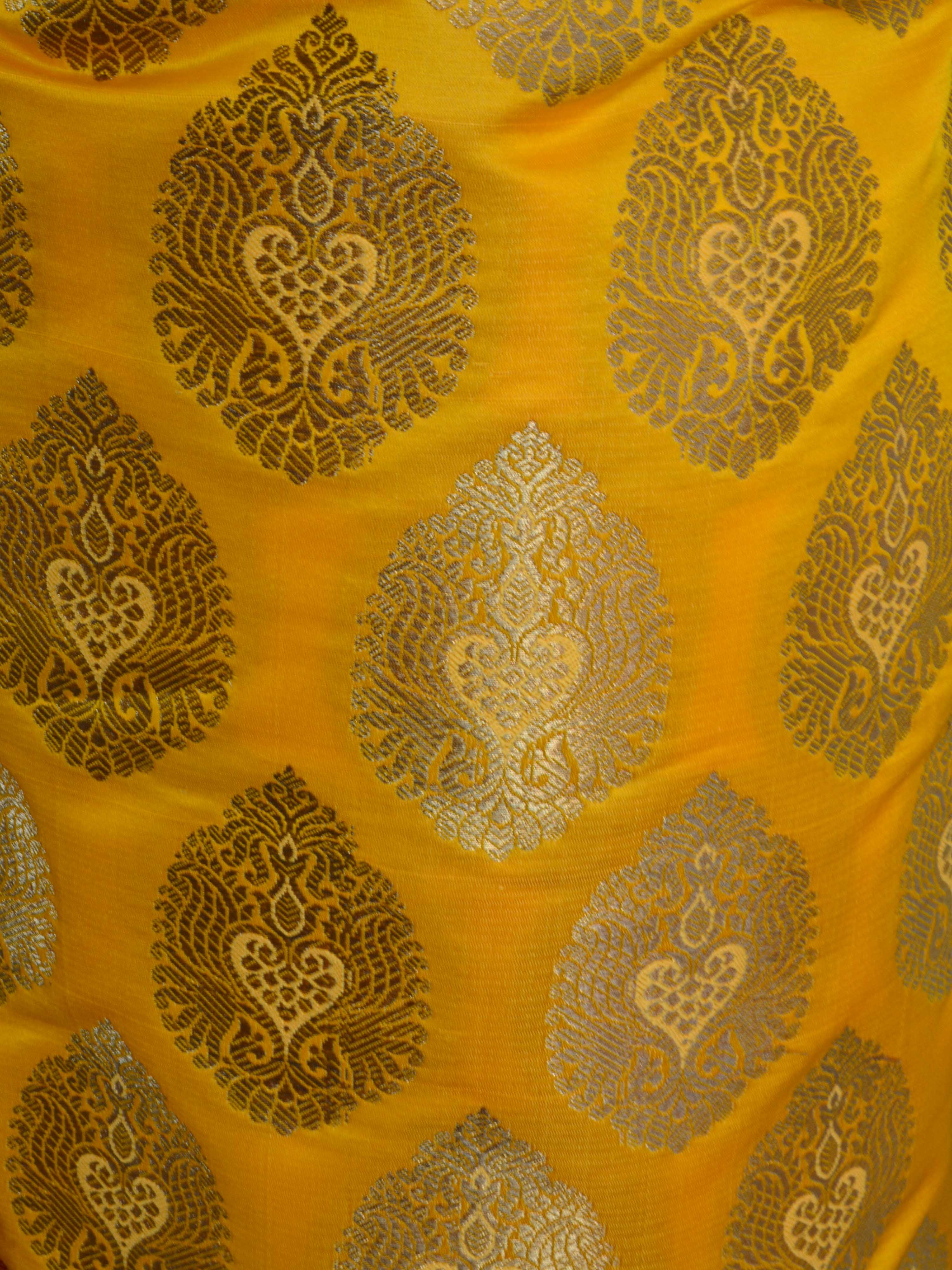 Banarasee Handwoven Satin Brocade Salwar Kameez Fabric & Red Art Silk Dupatta-Yellow