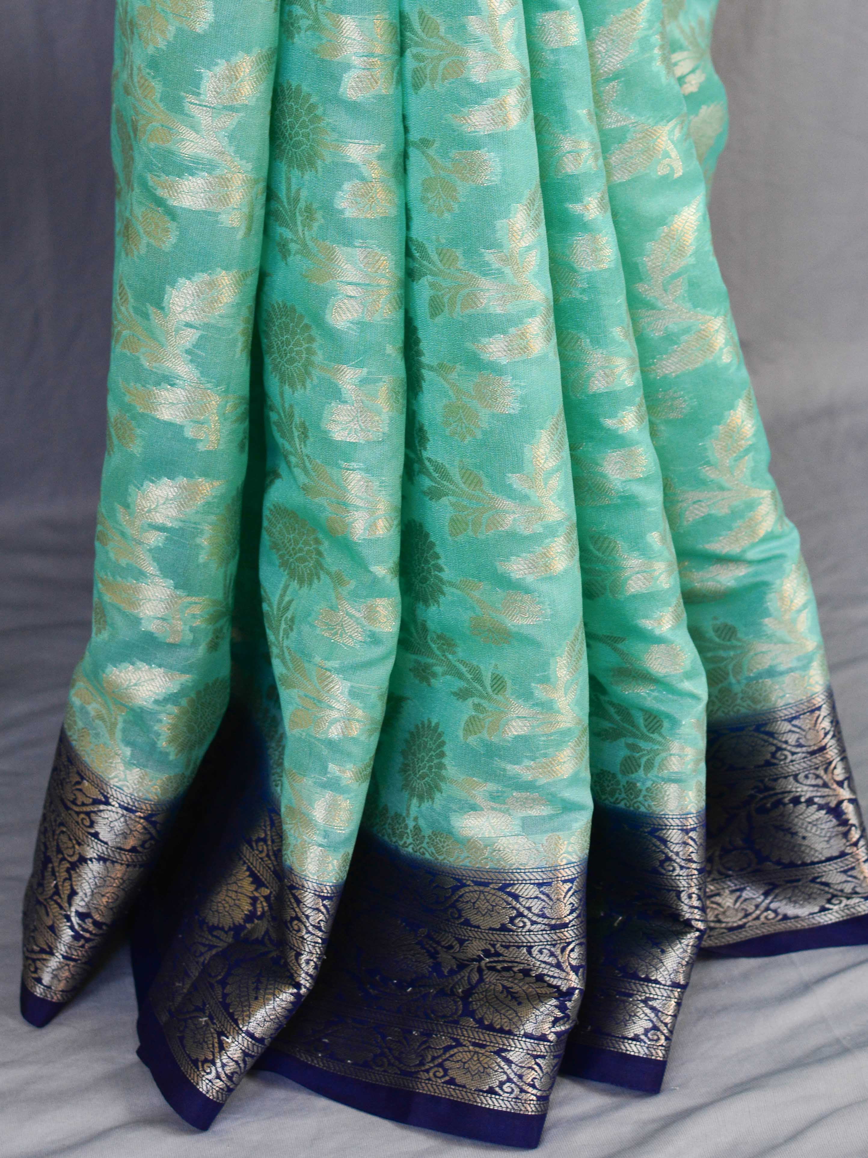 Banarasee Handwoven Semi-Chiffon Saree With Silver Zari & Contrast Border-Sea Green
