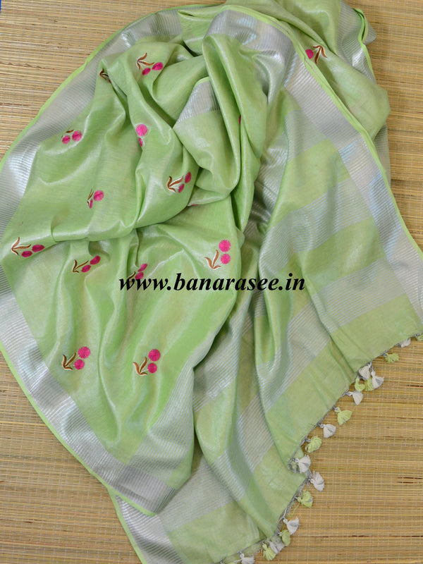 Banarasee Handloom Pure Linen By Tissue Embroidered Saree-Green(Silver Tone)