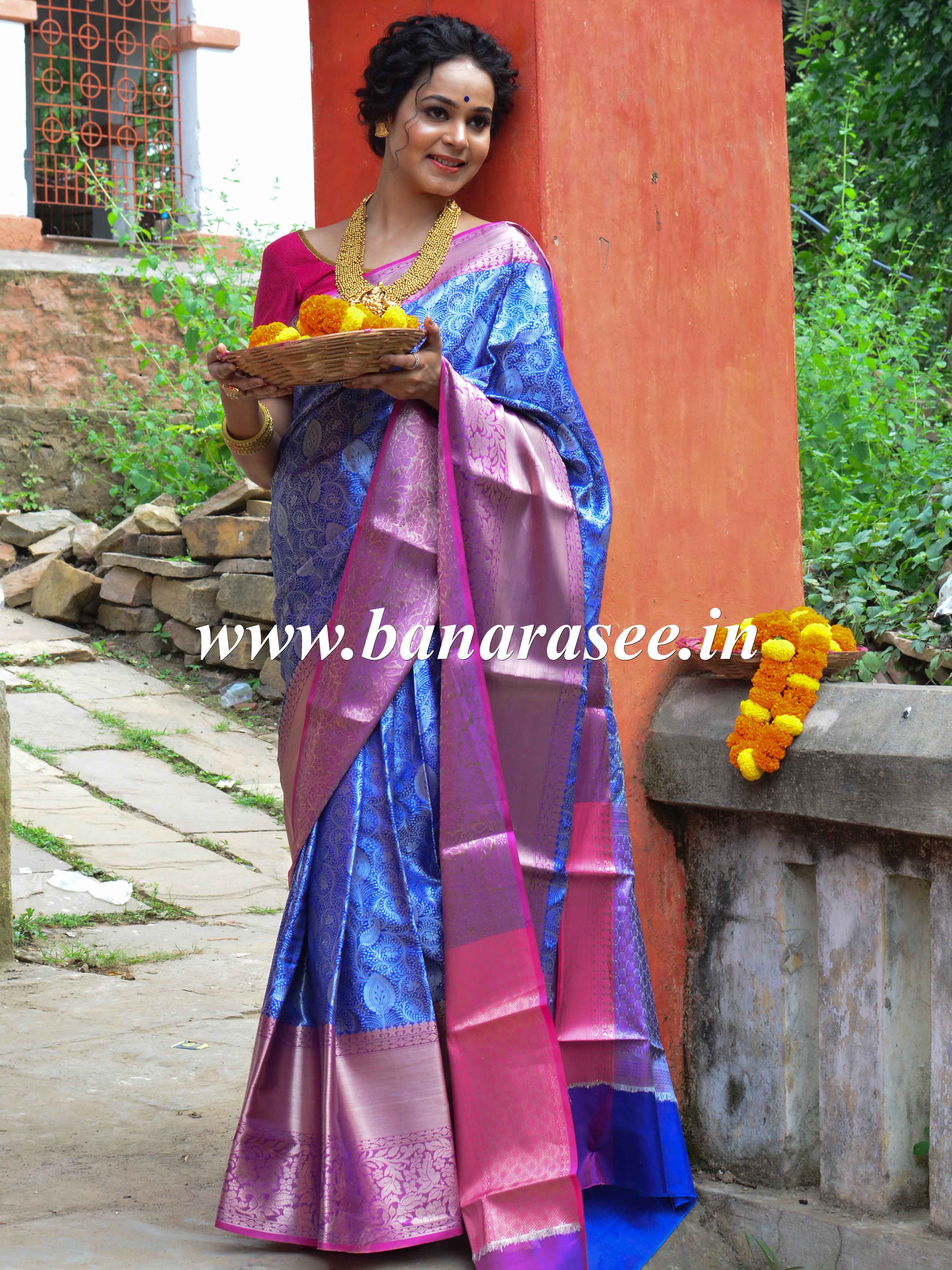 Banarasee Handwoven Semi Silk Saree With Tanchoi Weaving & Zari Border Design-Blue & Pink
