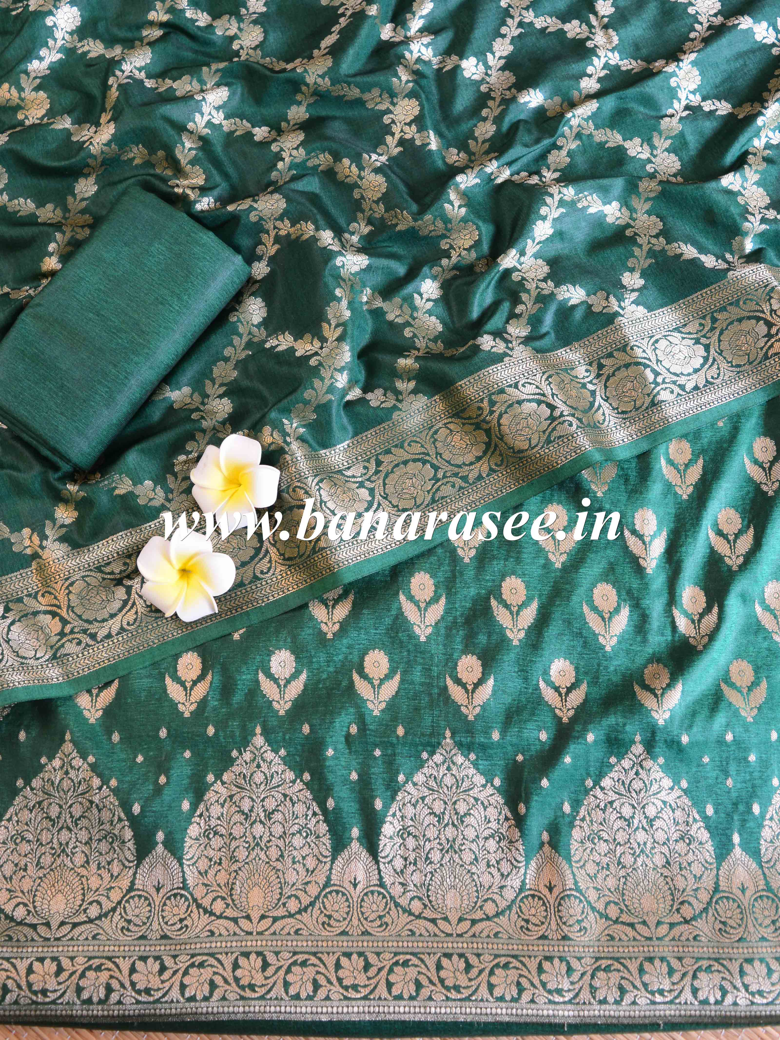 Banarasee Handwoven Semi-Silk Salwar Kameez Fabric With Zari Buta Design-Green