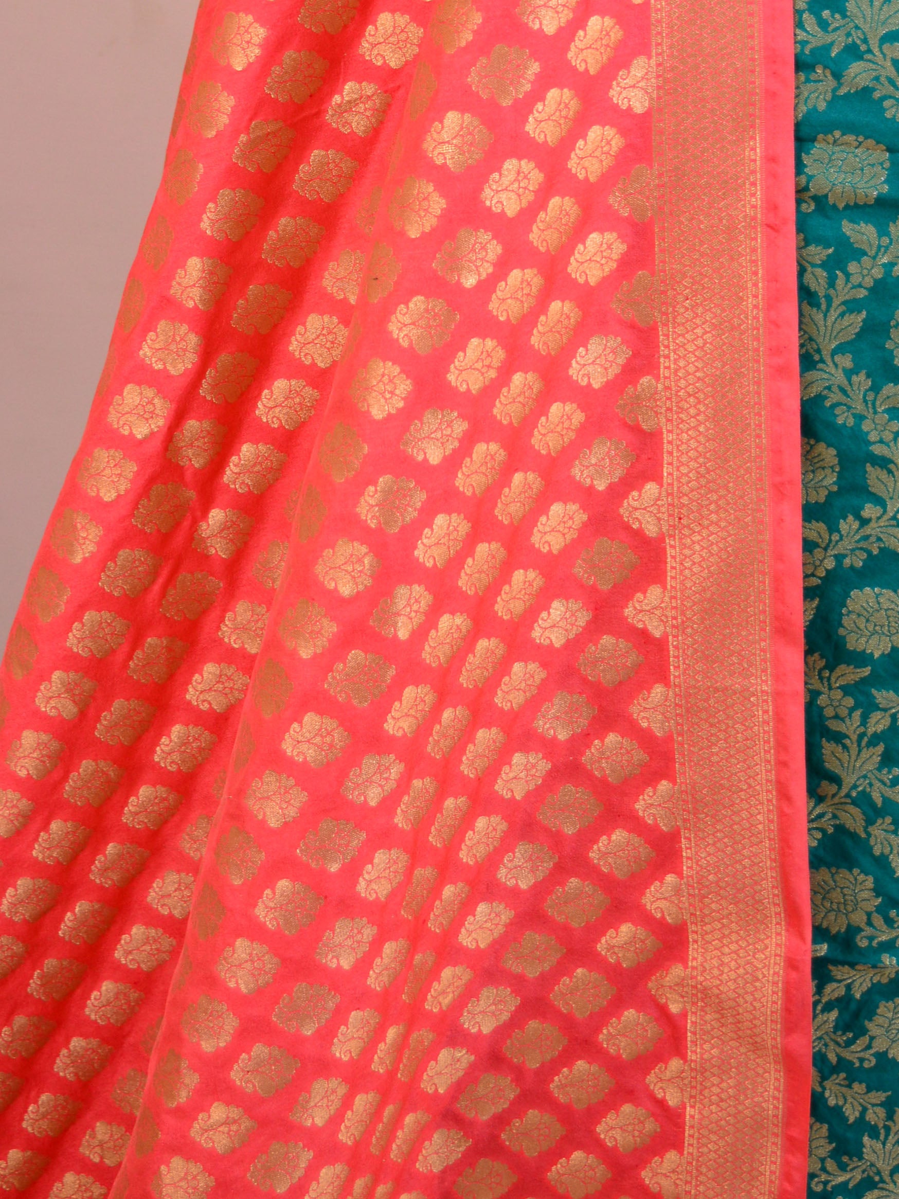 Banarasee Salwar Kameez Semi Silk Zari Jaal Work Fabric & Coral Dupatta-Teal Green