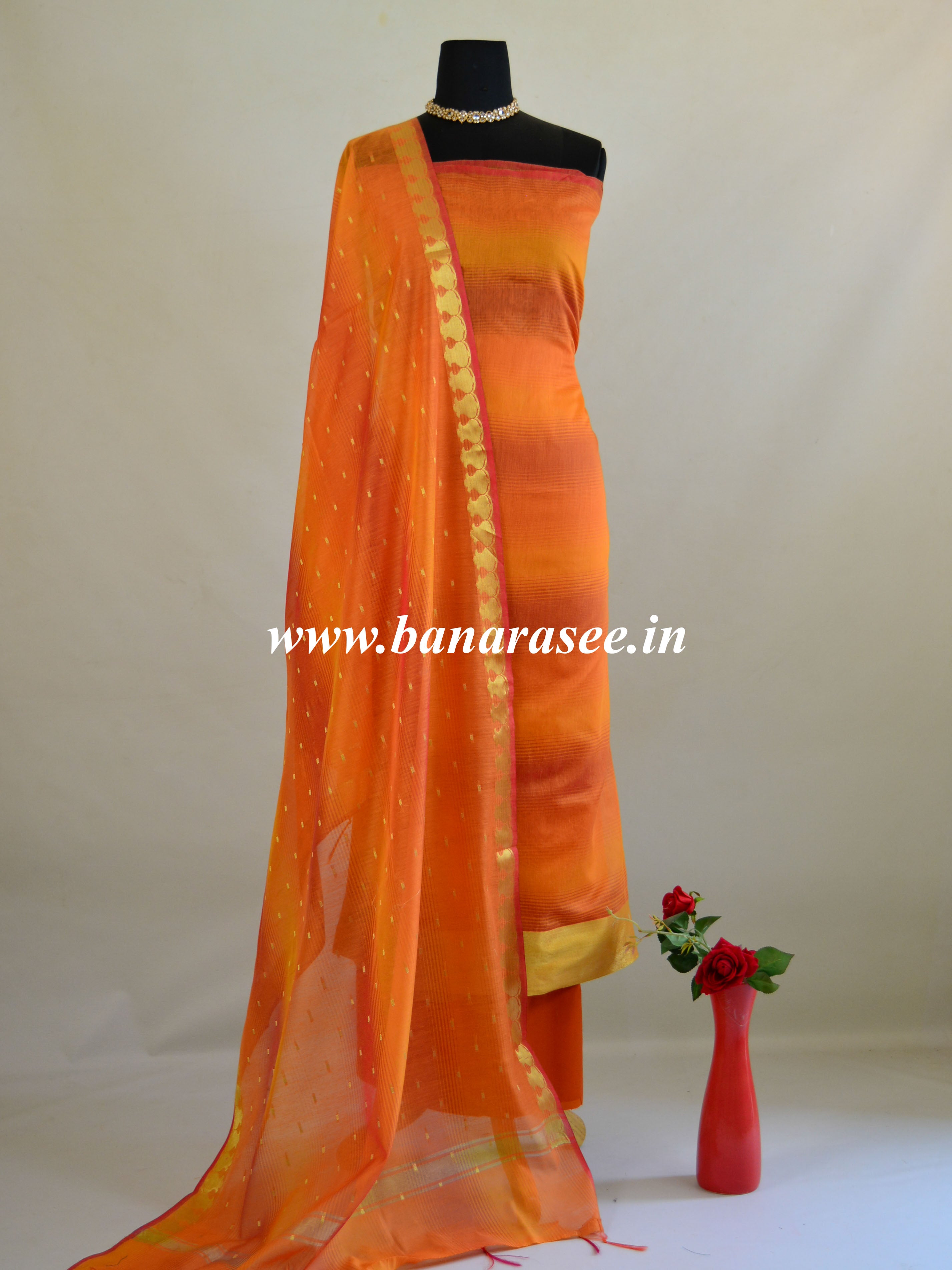 Banarasee Chanderi Cotton Stripes Salwar Kameez  Fabric With Dupatta-Yellow