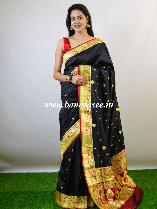 Banarasee Handloom Pure Katan Silk Sari With Skirt Border-Black