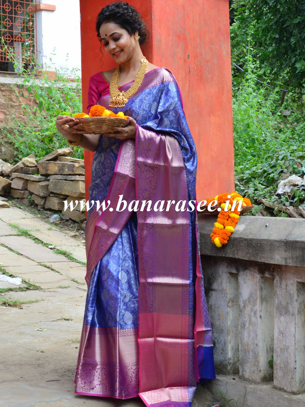 Banarasee Handwoven Semi Silk Saree With Tanchoi Weaving & Zari Border Design-Blue & Pink