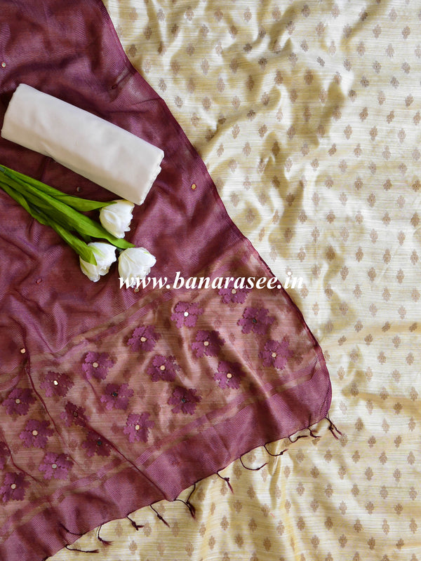 Banarasee Cotton Silk Salwar Kameez Ghichha Buti  Fabric & Kota Dupatta-Beige & Wine