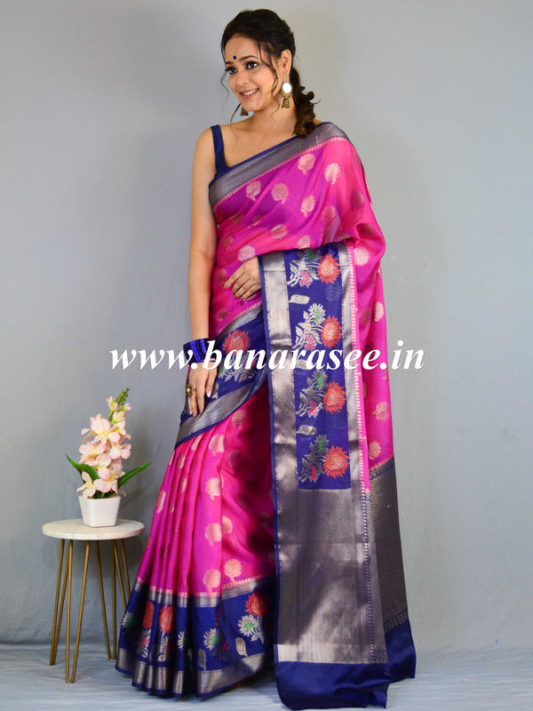 Banarasee Handwoven Semi-Chiffon Saree With Zari Buta & Contrast Border-Pink