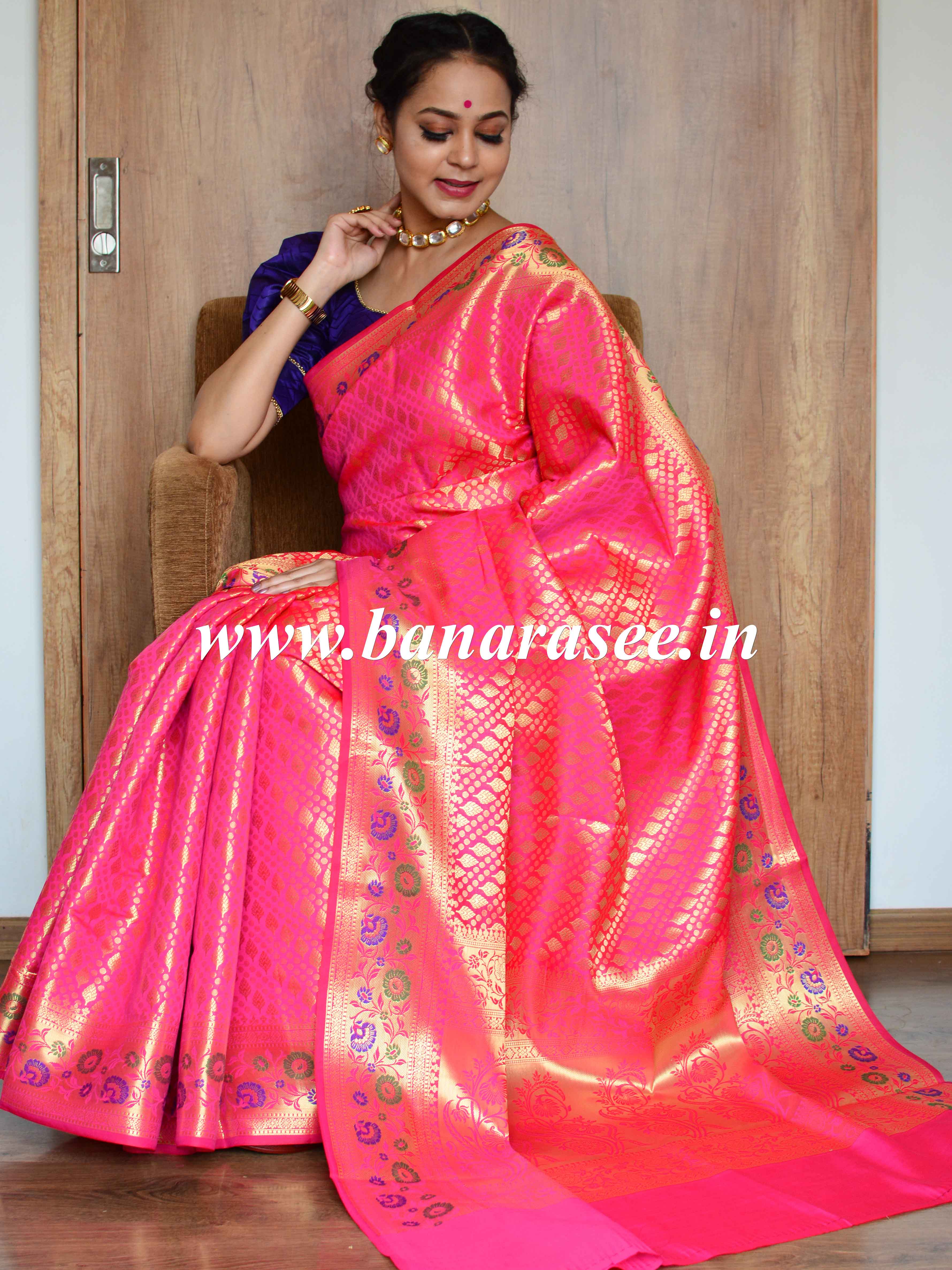 Banarasee Art Silk Saree With Zari Buta & Border-Pink