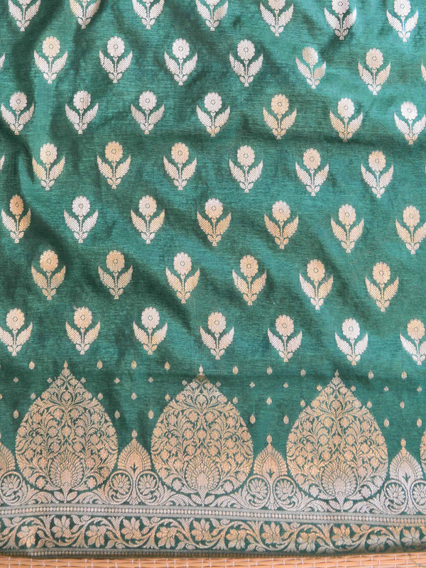 Banarasee Handwoven Semi-Silk Salwar Kameez Fabric With Zari Buta Design-Green
