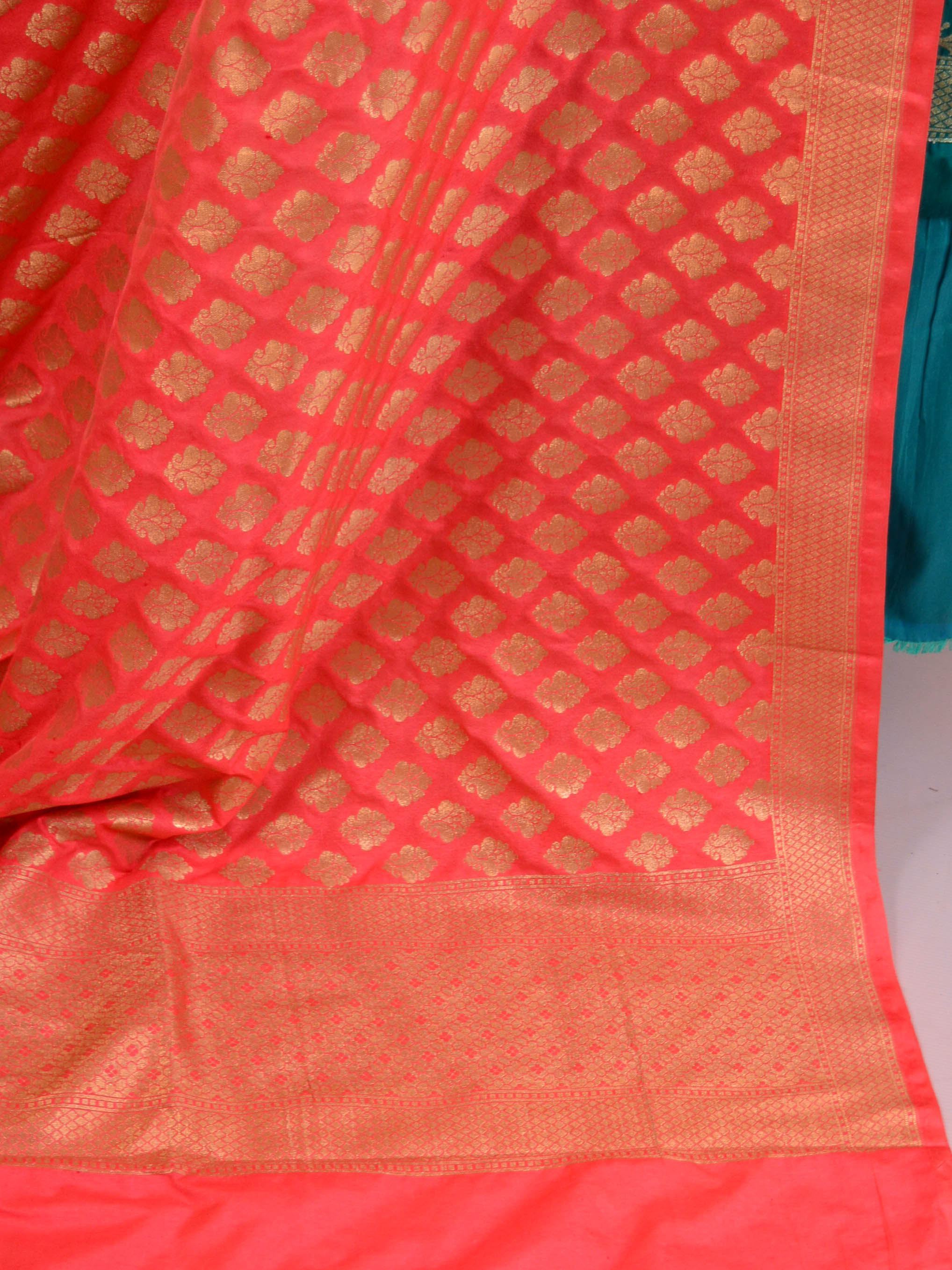 Banarasee Salwar Kameez Semi Silk Zari Jaal Work Fabric & Coral Dupatta-Teal Green