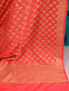 Banarasee Salwar Kameez Semi Silk Zari Jaal Work Fabric & Coral Dupatta-Teal Green