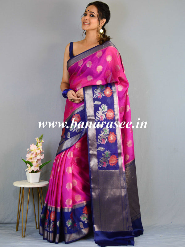 Banarasee Handwoven Semi-Chiffon Saree With Zari Buta & Contrast Border-Pink