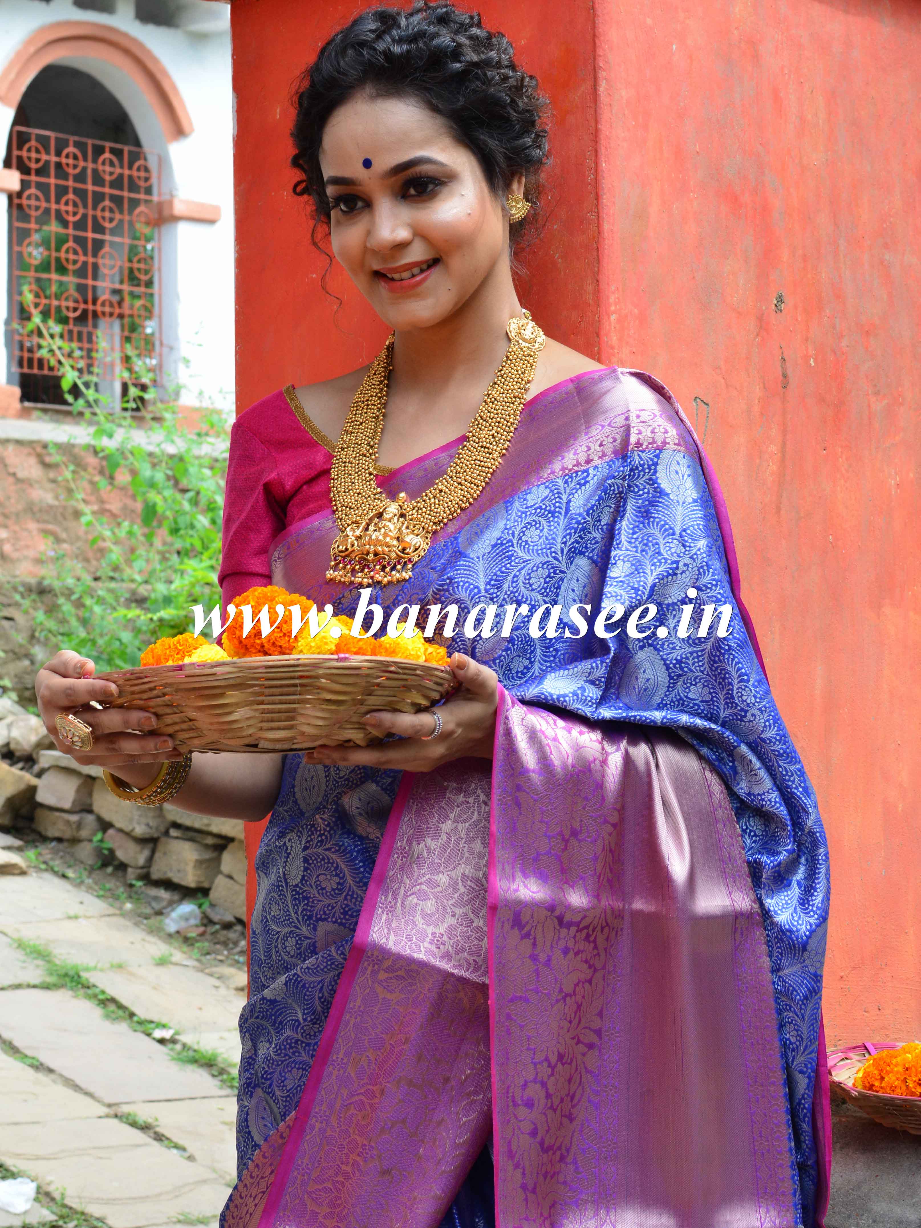 Banarasee Handwoven Semi Silk Saree With Tanchoi Weaving & Zari Border Design-Blue & Pink