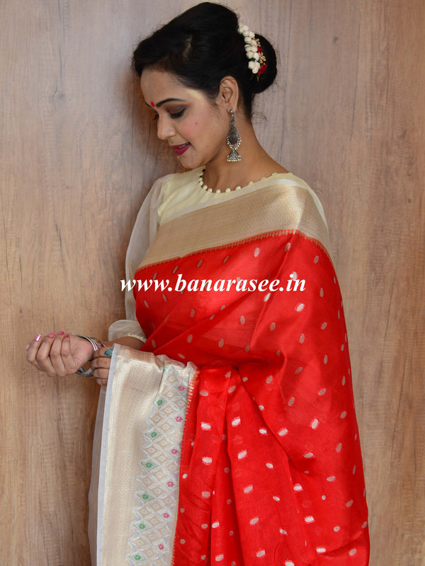 Banarasee Handwoven Semi Silk Saree With Meena Zari Border-Red & White