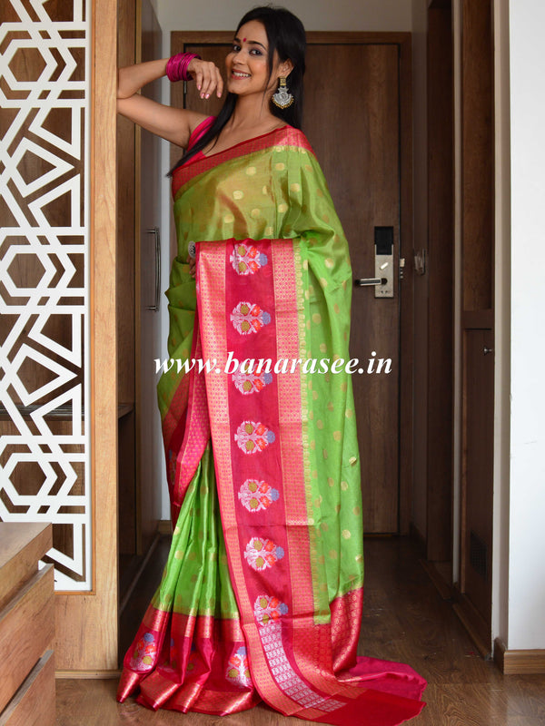 Banarasee Semi Silk Sari With Meena Border & Buti Design -Green & Pink
