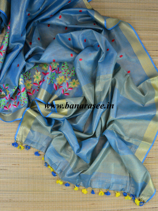 Banarasee Handloom Pure Linen By Tissue Embroidered Saree-Blue(Gold Tone)