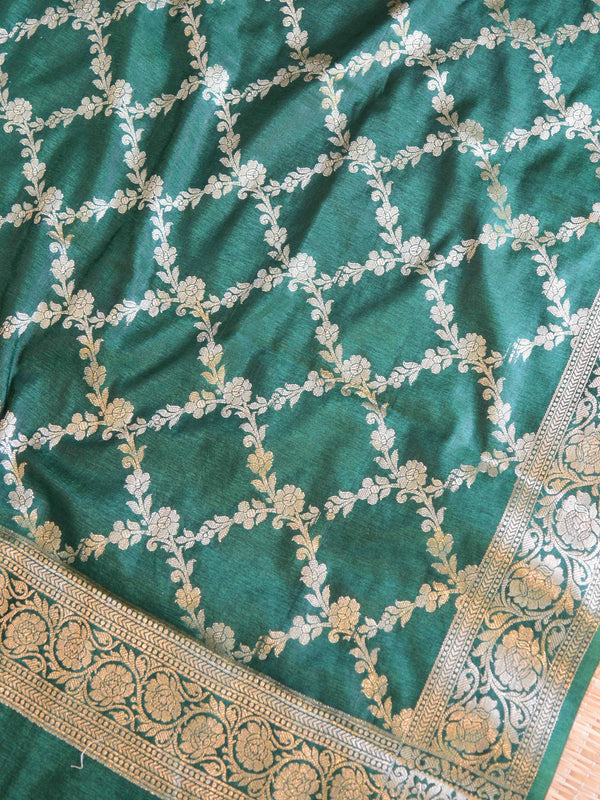 Banarasee Handwoven Semi-Silk Salwar Kameez Fabric With Zari Buta Design-Green