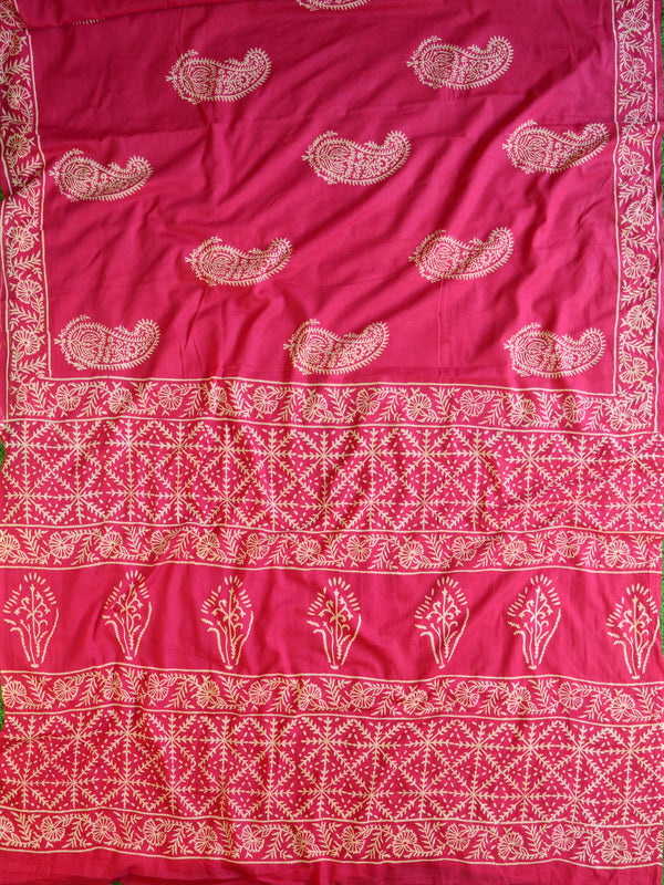 Handloom Mul Cotton Hand Print Saree-Red