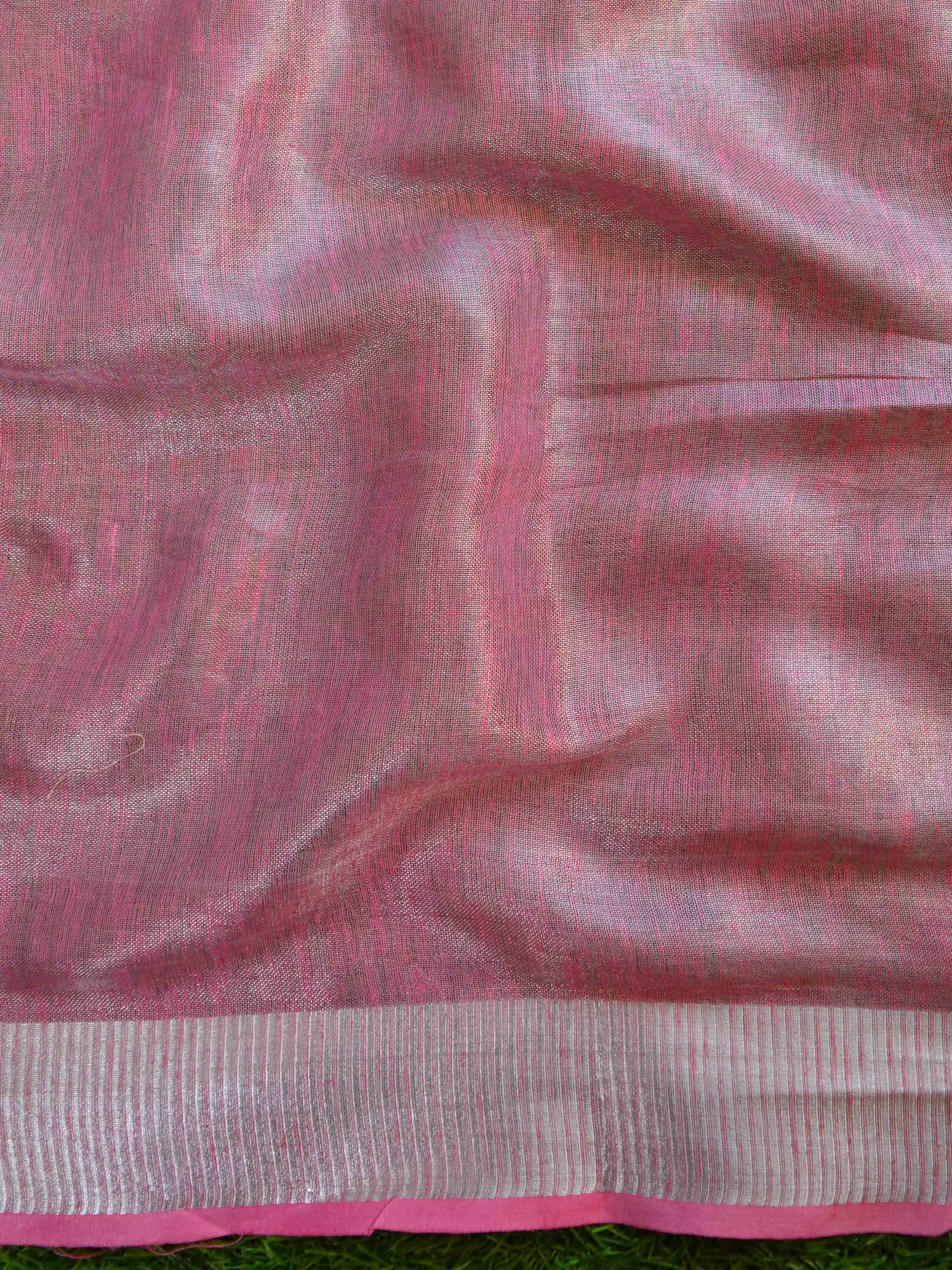 Banarasee Handloom Pure Linen By Tissue Embroidered Saree-Silver & Pink