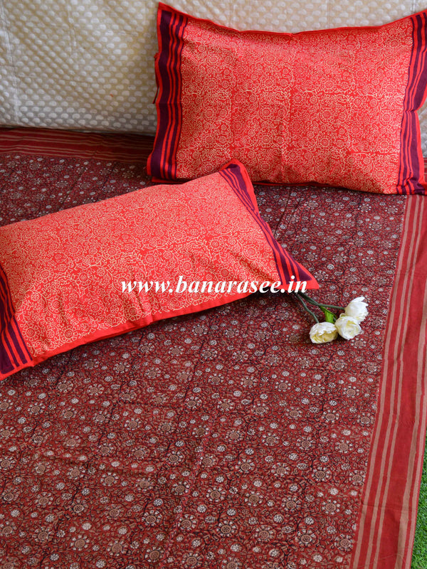 20x20  Cotton Handblock Printed King Size Bedsheet-Brown & Red