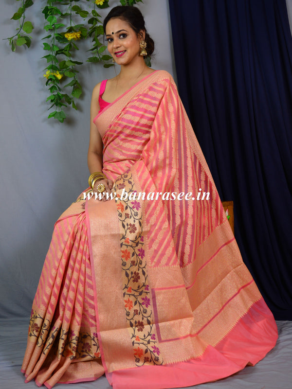 Banarasee Handwoven Semi-Chiffon Saree With Stripes Design & Floral Border-Pink