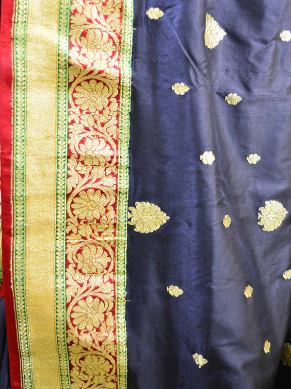 Banarasee Handloom Pure Katan Silk Sari With Skirt Border-Black