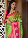 Banarasee Semi Silk Sari With Meena Border & Buti Design -Green & Pink