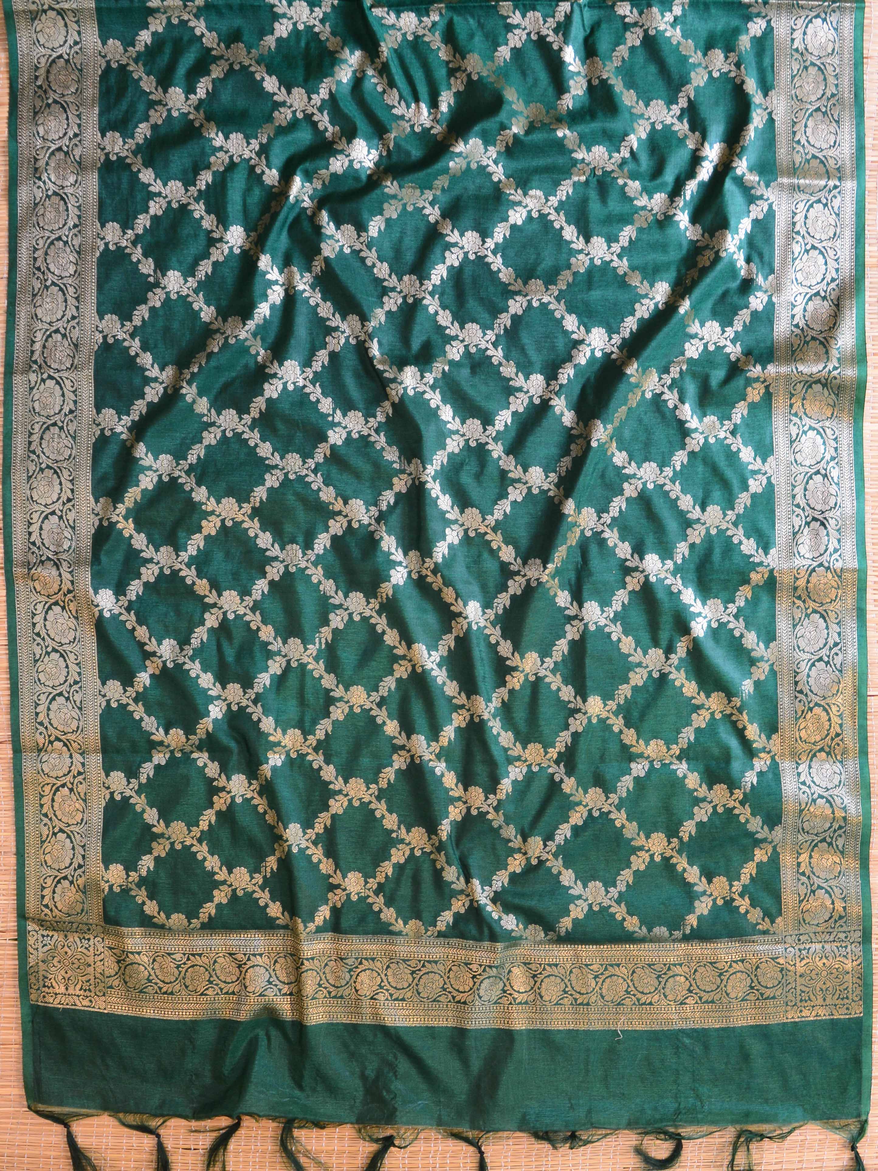 Banarasee Handwoven Semi-Silk Salwar Kameez Fabric With Zari Buta Design-Green