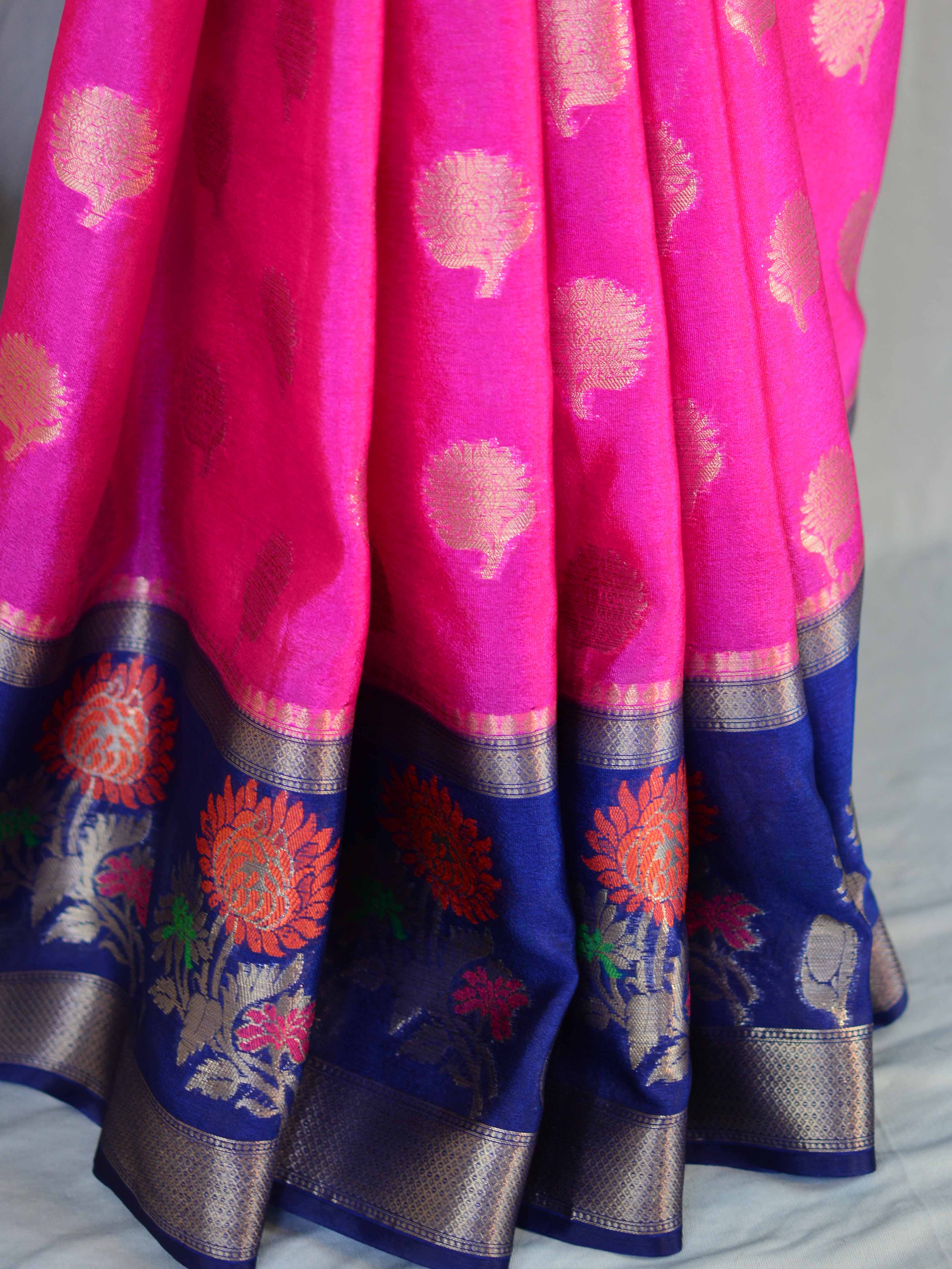 Banarasee Handwoven Semi-Chiffon Saree With Zari Buta & Contrast Border-Pink