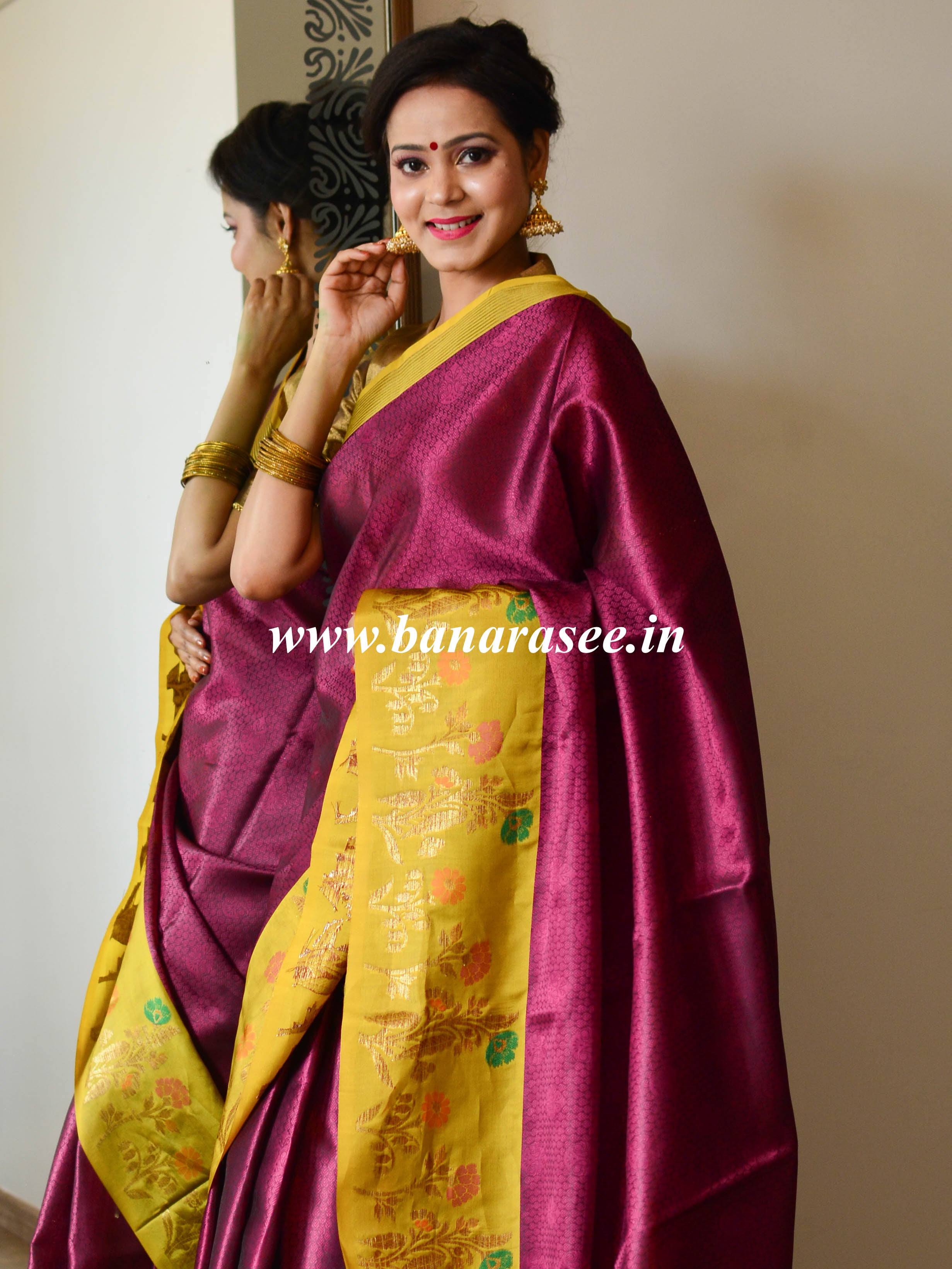 Banarasee Kora Muslin Saree With Tanchoi Design & Skirt Border-Wine