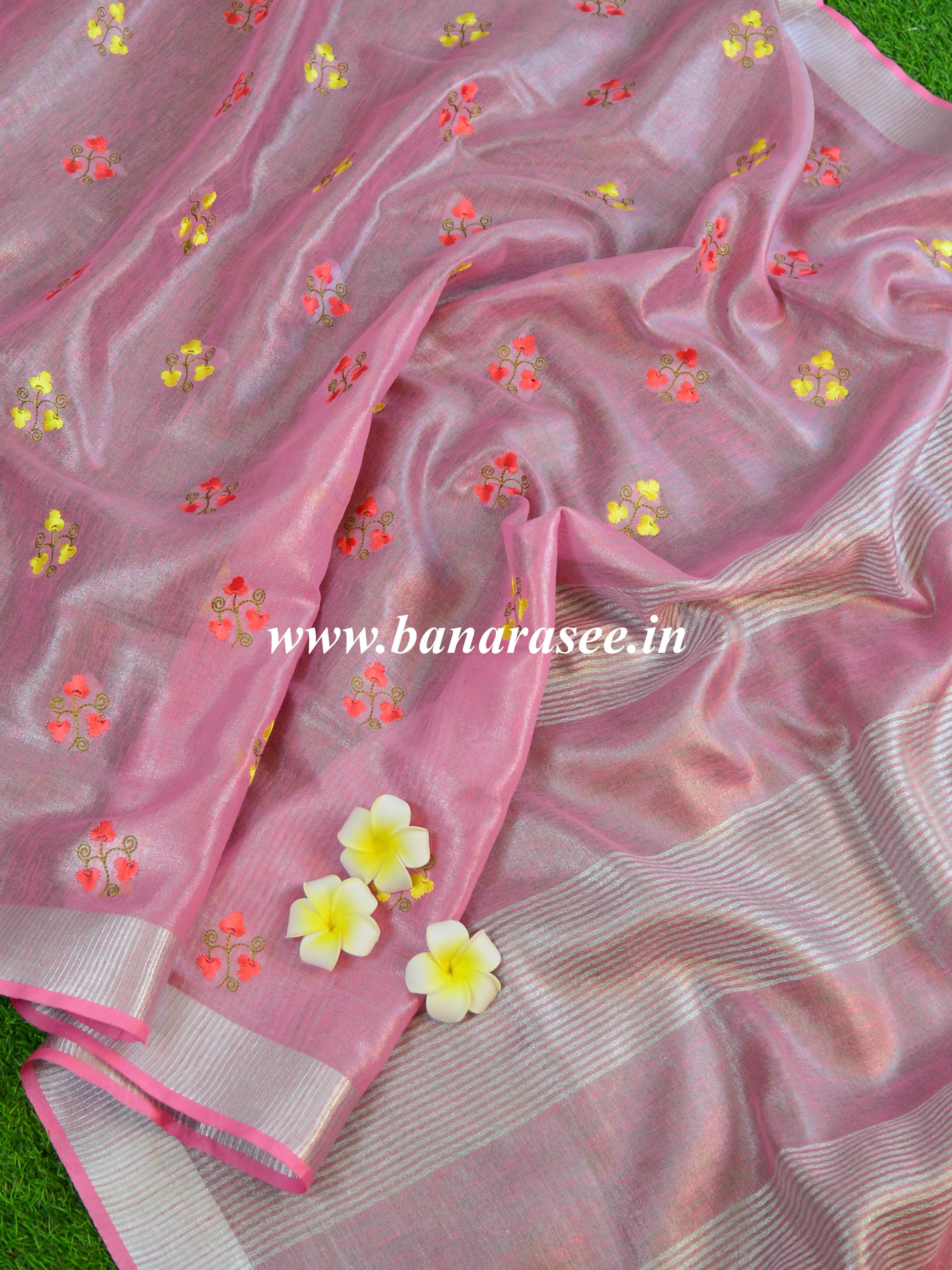 Banarasee Handloom Pure Linen By Tissue Embroidered Saree-Pink