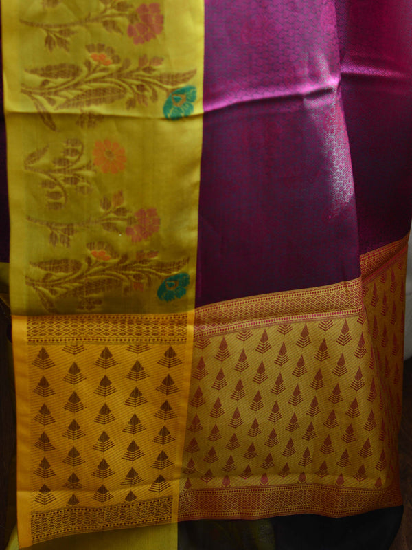 Banarasee Kora Muslin Saree With Tanchoi Design & Skirt Border-Wine
