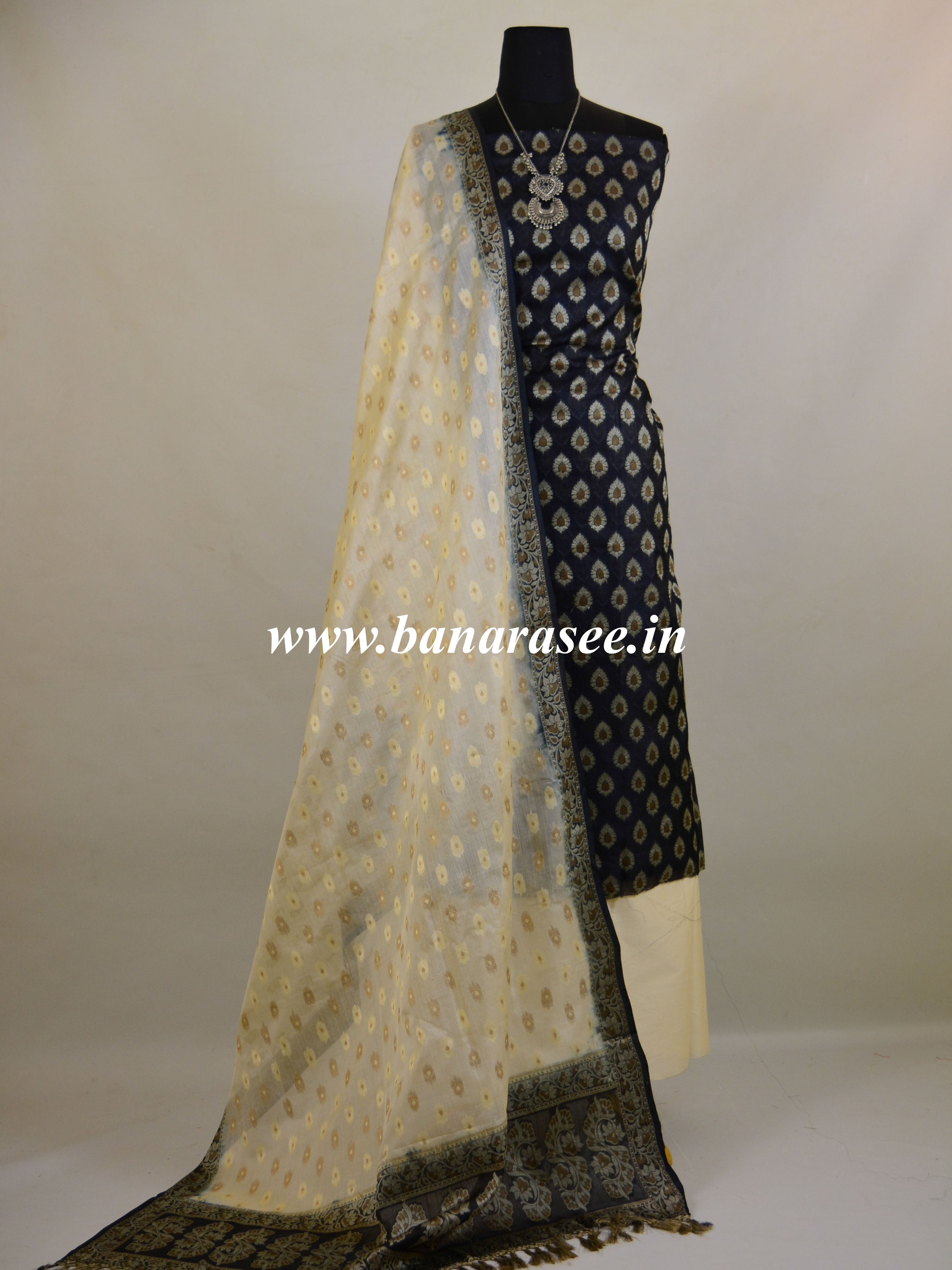 Banarasee Handloom Pure Tussar Silk Salwar Kameez Resham Buti Design Fabric-Black