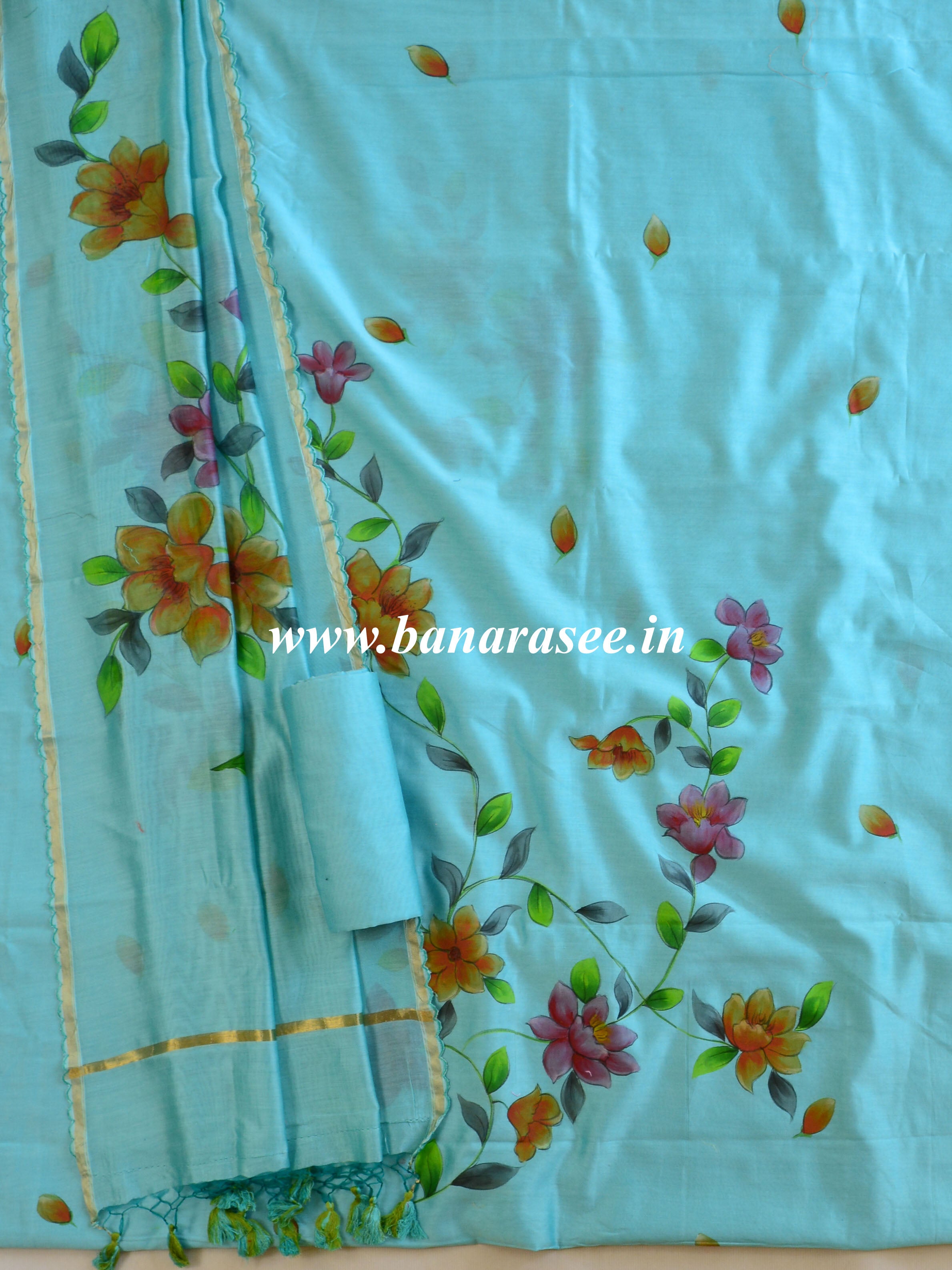 Banarasee Pure Chanderi Silk Hand-painted Salwar Kameez Set-Blue