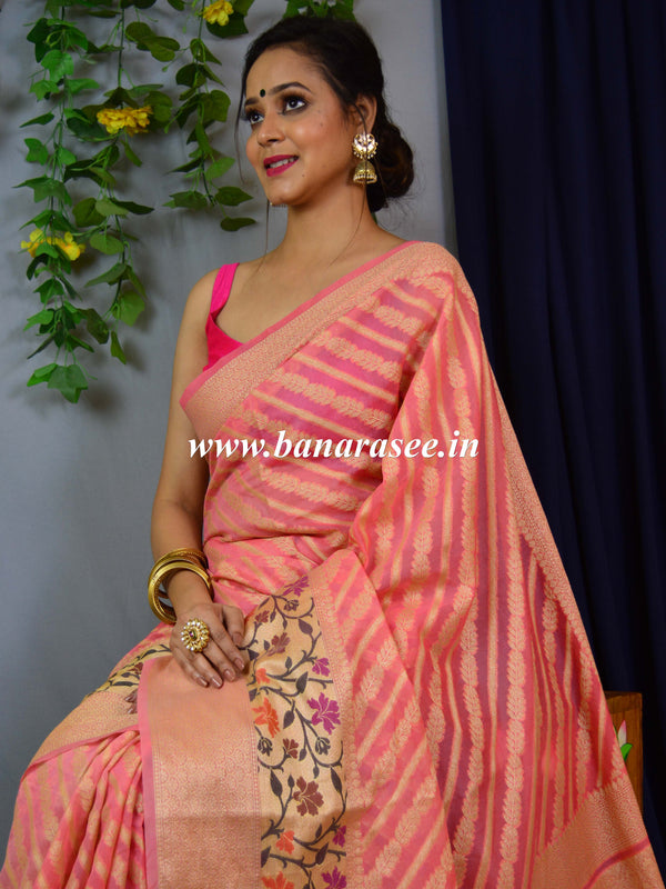 Banarasee Handwoven Semi-Chiffon Saree With Stripes Design & Floral Border-Pink