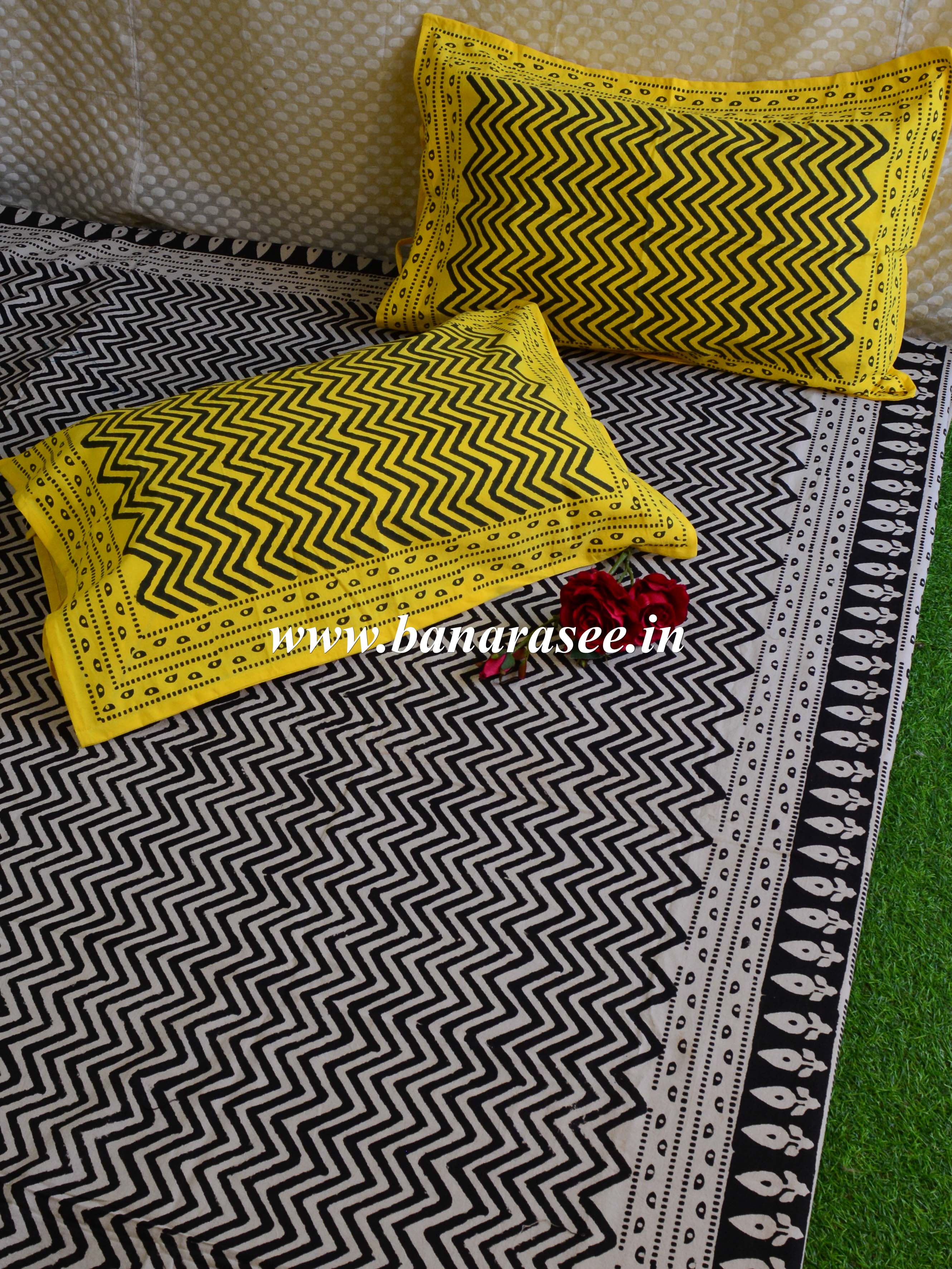 20x20  Cotton Handblock Printed King Size Bedsheet-Beige & Yellow