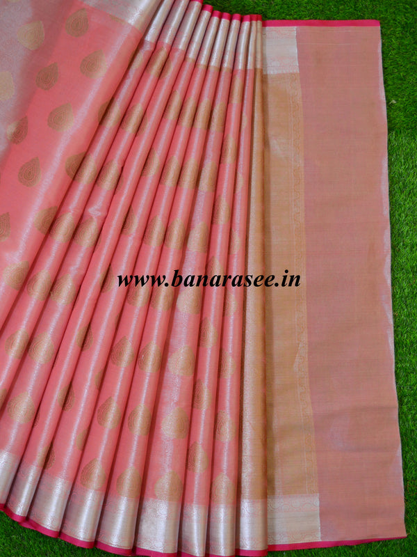 Banarasee Tissue Saree Buta Design & Silver Border-Peach