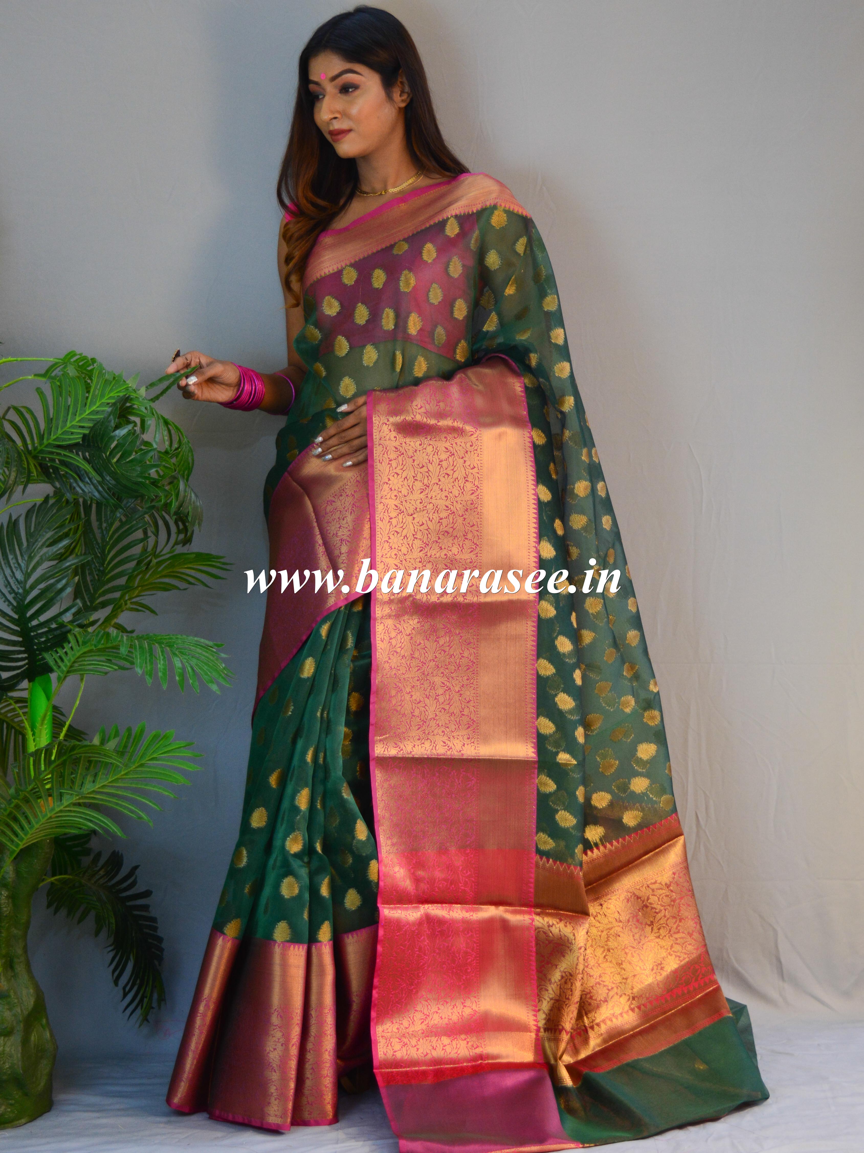 Banarasee Organza Mix Saree With Antique Zari Buti & Skirt Border-Green