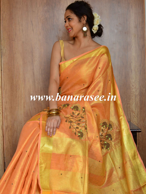 Banarasee Handloom Pure Linen By Tissue Saree With Pearl Embroidery-Peach