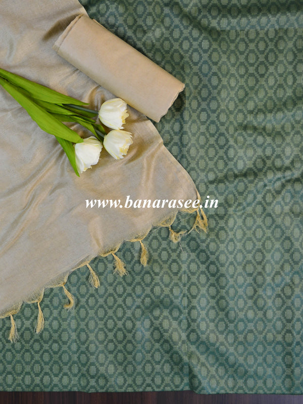 Handloom Khadi Cotton Dobby Pattern Salwar Kameez Dupatta Set- Green & Beige