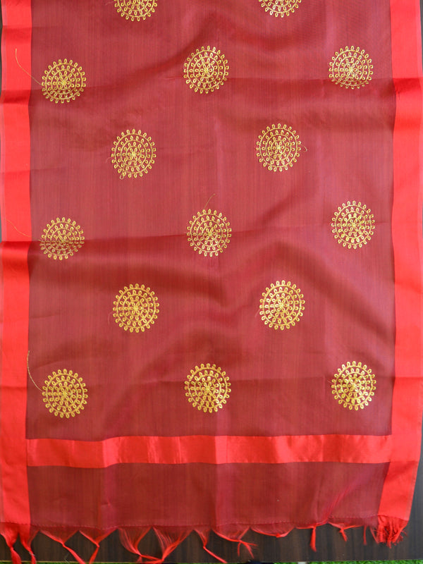 Banarasee Embroidered Gold Buta Design Organza Dupatta-Red