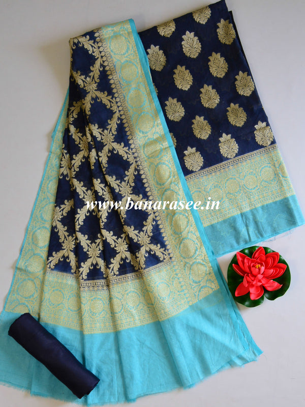 Banarasee Cotton Silk Zari Woven Salwar Kameez Dupatta Set -Deep Blue With Sky Blue