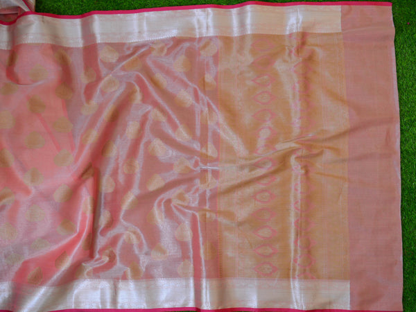 Banarasee Tissue Saree Buta Design & Silver Border-Peach