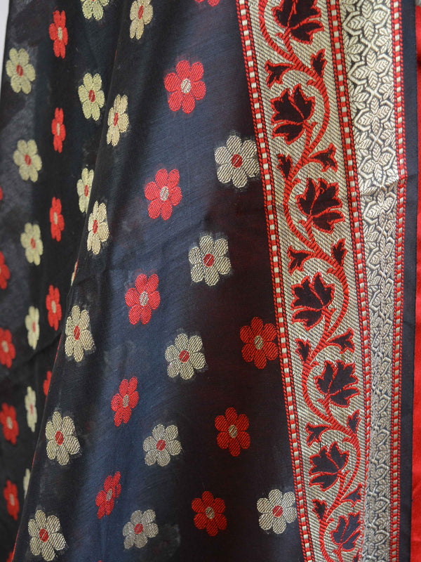 Banarasee Salwar Kameez Cotton Silk Fabric With Contrast Black Meena Dupatta-Red